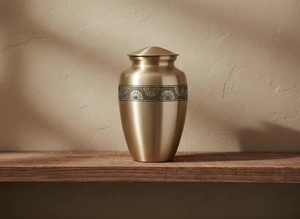 Urne funéraire en métal majestueuse, finition or chaud, avec motif soleil Art Déco, couvercle bombé, pour cendres commémoratives et souvenirs - Product Image 2