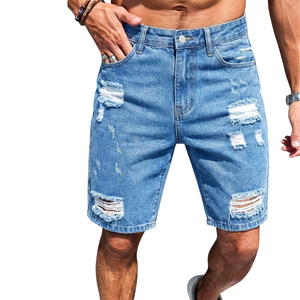 Shorts en jean bleu clair pour homme, coupe droite, mi-longueur, respirant, déchiré, décontracté, cinq poches, en coton, mode estivale, streetwear - Product Image 1