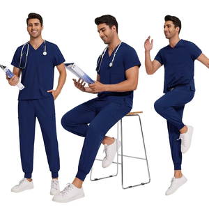 Men's <b>Scrub</b> <b>Sets</b> V-Neck Short Sleeve Uniforms Hospital Wear Blue Black Polyester Knitted Pants <b>Set</b> - Product Image 2