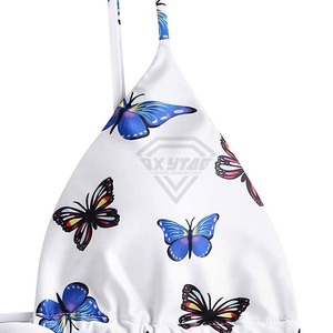 Conjunto de Bikini con Estampado de Mariposas para Mujer, Traje de Baño de Dos Piezas con Tiras Laterales Blancas y Cuello Halter, Ropa de Playa Cómoda - Product Image 3
