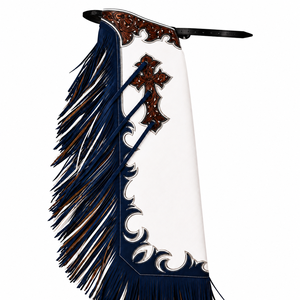 Chaps de Rodeo Western en Cuir Artisanal Haut de Gamme, Motif Croix Gravé à la Main, Franges, pour l'Équitation et le Cowboy, Équipement Équestre - Product Image 1