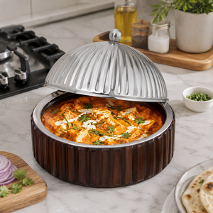 Casserole isotherme à double paroi en acier inoxydable de qualité supérieure avec base en bois nervuré, bol de service de qualité alimentaire pour la maison - Product Image 3