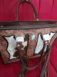 Premium Luxury Western Cowhide Hair Unisex Sling Bag Hand-Tooled Japan Two Straps Floral <b>Solitaire</b> Design 36L Waterproof - Product Image 2