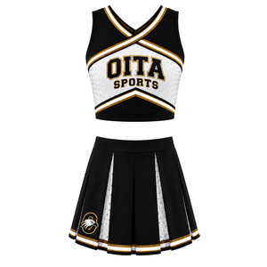 Ensemble d'uniforme de cheerleading noir, blanc et or : Crop top sans manches à col en V et jupe plissée pour performance et entraînement d'équipe athlétique - Product Image 1