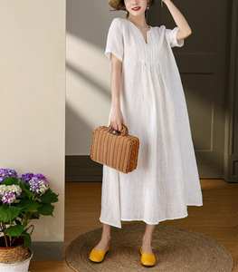 Robe longue décontractée d'été pour femme, 100 % lin, unie, écologique, lavable, à manches cloche, coupe ample, style minimaliste, formel, ODM - Product Image 1