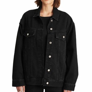 Women Denim Trucker Jacket Full Sleeve Turn-down Collar Solid <b>Black</b> <b>Button</b> Closure Autumn Wear - Product Image 1