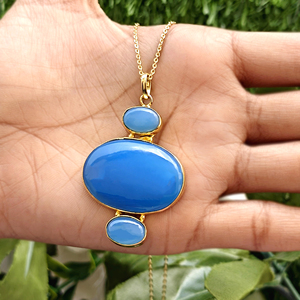 Fashion statement jewelry cabochon blue chalcedony big size pendant necklace 18k gold plated collet set triple gemstone necklace - Product Image 1