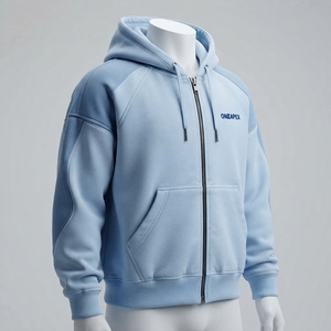 เสื้อฮู้ดซิปสีฟ้าอ่อนสำหรับผู้ชาย ผ้าฟลีซทรงโอเวอร์ไซส์ สไตล์สตรีทแวร์ แจ็คเก็ตลำลอง เสื้อสเวตเชิ้ต สปอร์ตแวร์ รับทำแบรนด์ตามสั่ง ขายส่ง - Product Image 1