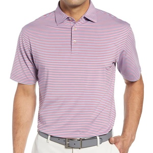 Men's Striped Short <b>Sleeve</b> Knitted Polo Shirt Casual Regular Fit Pink White Pattern - Product Image 1