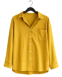 Ensemble deux pièces en lin jaune moutarde pour femme, chemise à manches longues boutonnée et pantalon large à taille élastique, tenue décontractée - Product Image 1