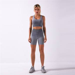 Conjunto de Yoga de 2 Piezas con Degradado de Color, Shorts de Cintura Alta, Sujetador Deportivo con Escote Redondo, Sin Costuras, Elástico en 4 Direcciones, Conjuntos Deportivos para Mujer - Product Image 3