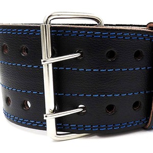 Men's Black Cowhide <b>Weight</b> Lifting <b>Belt</b> With Blue Stitching Adjustable Buckle Waist Support For Strength Training - Product Image 4