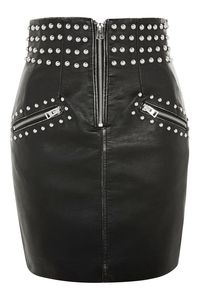 <b>Black</b> Studded Straight Mini <b>Skirt</b> Women Genuine <b>Leather</b> <b>Look</b> Formal Rhinestone Waistband All Seasons Streetwear - Product Image 4