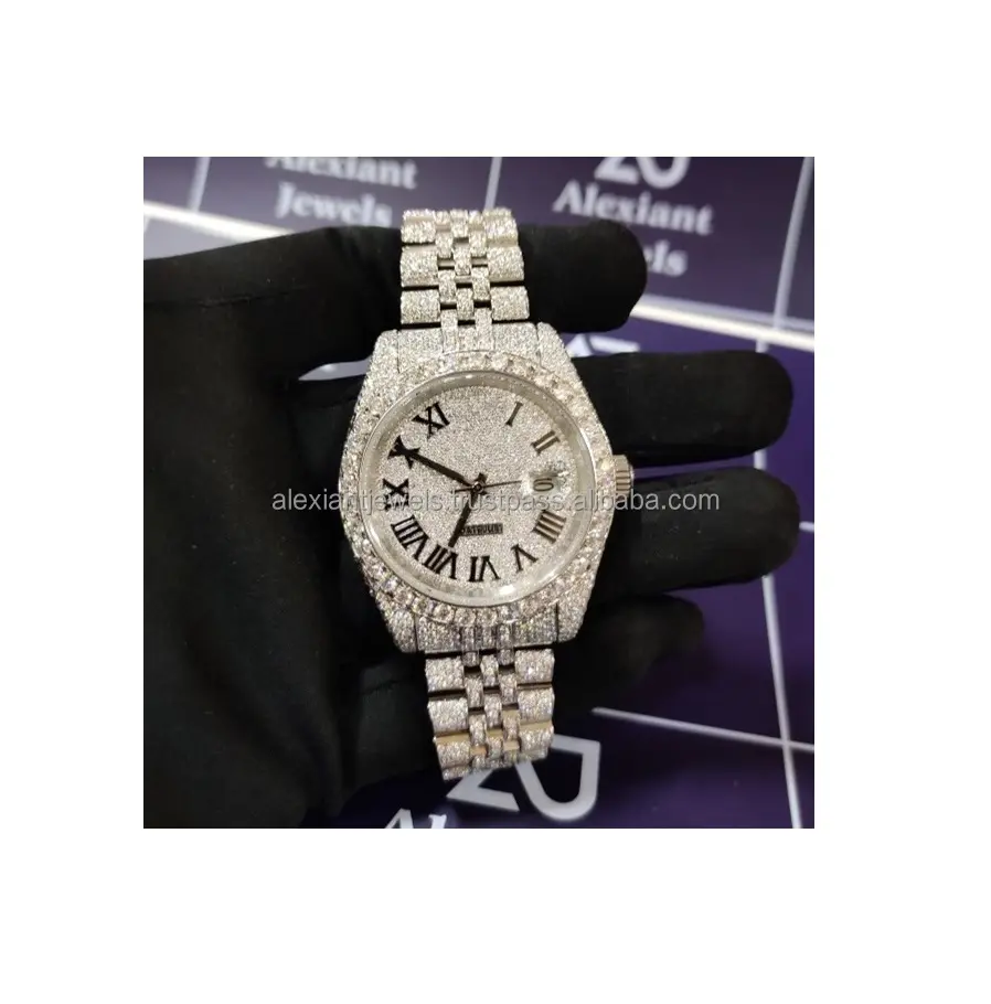 Relógio de aço inoxidável de hip hop popular antigo e luxuoso exclusivo para homens e mulheres, joia Vvs, exportação indiana, preço baixo por atacado