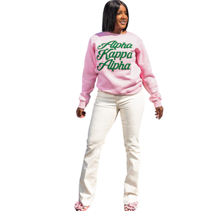 <b>Pink</b> Crew Neck <b>Sweatshirt</b> with Green Alpha Kapa Alpha Embroidery Long Sleeve Pullover Women's Casual Fleece Fashion Top Soft - Product Image 1
