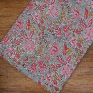 Export Quality Sage Green Cotton <b>Fabric</b> Pink Floral Hand Block Print Water Resistant Medium <b>Weight</b> 100GSM for Apparel Home - Product Image 2