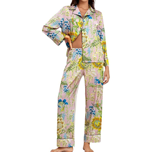 Conjunto de Pijama de Satén con Estampado Floral para Mujer, Manga Larga, Cierre de Botones, Ropa de Dormir Elegante para Primavera, 100% Seda - Product Image 1