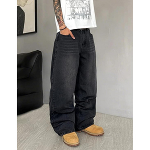 Jean ample décontracté pour homme, coupe large, denim délavé, style streetwear hip-hop, noir - Product Image 3