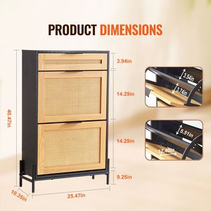 Mobiletto Portascarpe Sottile in Rattan con 2 Cassetti Ribaltabili e 1 Cassetto Scorrevole, Gambe in Metallo, Organizer per Ingresso - Product Image 5