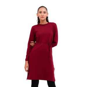 Womens Burgundy <b>Long</b> Sleeve Mini <b>Dress</b> Crew Neck Waist Detail Casual Slim Fit Elegant Fashion <b>Dress</b> Daily Wear Wholesale - Product Image 1