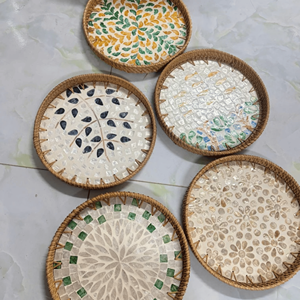 Rattan Trays with mother of pearl inlay natural rattan and shell material for home decor serving tray Vietnam - Product Image 3