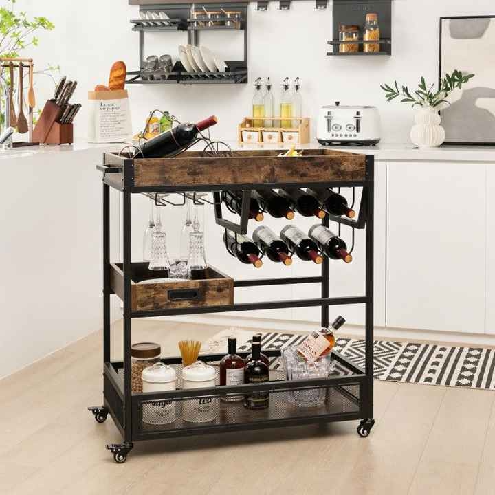 Industrial 3-Tier Serving Cart with Wine Rack for Hotels & Restaurants
