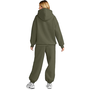 Conjunto Deportivo Casual de 2 Piezas para Mujer, Sudadera con Capucha Verde Oliva y Pantalones Jogger, Traje de Felpa de Manga Larga, Corte Holgado, Color Sólido, Corto - Product Image 6