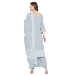 Tissu de robe non cousu en coton tissé Chikankari gris ardoise Safaa - Ensemble ethnique indien 3 pièces et dupatta assorti pour femmes - Product Image 2
