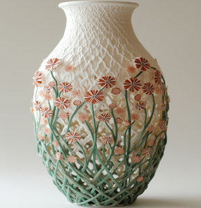 Jarrón de cerámica esmaltada en color verde azulado intenso con flores moradas 3D hechas a mano y una silueta elegante, a precios de mayorista. - Product Image 3