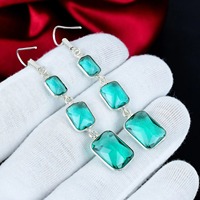 Boucles d'oreilles en argent sterling 925 avec pierre précieuse facettée en apatite aquatique, boucles d'oreilles pendantes faites à la main, cadeau pour femme