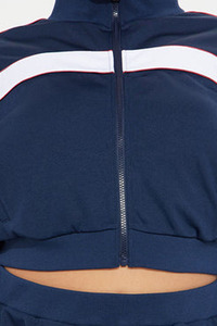Ensemble sweat à capuche court zippé bleu marine et short pour femme, manches longues, taille élastique, tenue sportive décontractée deux pièces, streetwear - Product Image 3