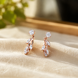Marquise Cut Diamond <b>Dangle</b> <b>Earrings</b> Plated Rose Gold Nature Inspired Jewelry Round Shape Moissanite Engagement Party - Product Image 1