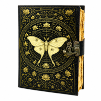 Journal en cuir avec motif de mites dorées, couverture rigide, reliure cousue, pages à bords festonnés vintage, idéal pour écrire des messages cadeaux