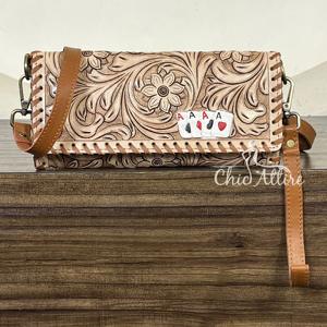 Nouvelle Pochette à Main Trifold en Cuir Véritable Fait Main Personnalisée avec Motifs Floraux, Grande Capacité, Portefeuille Bandoulière pour Femme - Product Image 1