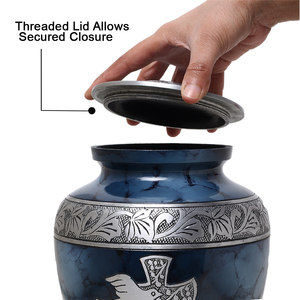 Urne funéraire Blue Cloud avec croix et oiseau gravés, urne commémorative pour adultes, urne pour cendres funéraires, urne souvenir - Product Image 4
