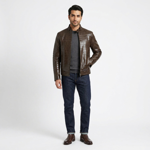 New Genuine <b>Leather</b> Embossed Stand Collar Cartoon Print Winter <b>Jacket</b> for Men for <b>Leather</b> Fashion <b>Brown</b> Cowhide Wholesale - Product Image 6