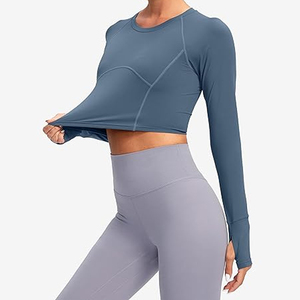Custom Logo Womens Breathable Seamless Long <b>Sleeve</b> Compression <b>Crop</b> <b>Top</b> High Neck Athletic Fitness Workout Shirt Yoga Running - Product Image 5