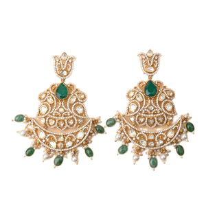 Los más vendidos pendientes de Chandbhali sofisticados con motivos de pavo real con tachuelas de piedra blanca y verde perfectos para ocasiones especiales - Product Image 1
