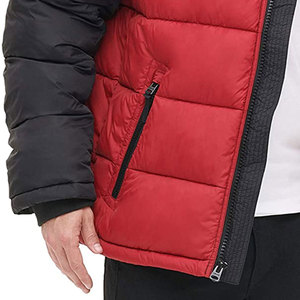Unisex Winter Hooded Stand Collar <b>Red</b> and Black Thick 100% Nylon Puffer <b>Jacket</b> with Cotton Filling - Product Image 4