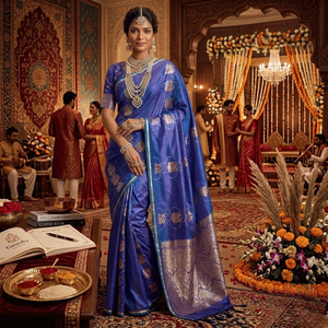 Sari bleu en satin pur tissé à la main avec bordure en zari doré |   Sari ethnique de créateur pour femmes, idéal pour les fêtes de mariage traditionnelles - Product Image 1