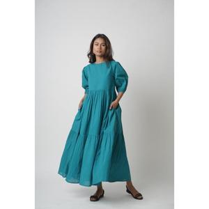 Robe longue trapèze verte de haute qualité, col rond, manches courtes, en lin superposé, couleur unie, confortable pour femme, vente en gros - Product Image 2