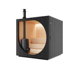 Cabina de Sauna Exterior en Forma de Cubo con Exterior Negro, Ventana Redonda Grande y <span class=keywords><strong>Chimenea</strong></span>, <span class=keywords><strong>Cabaña</strong></span> de Sauna para Jardín - Product Image 1