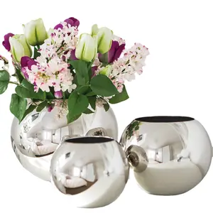 Высокое качество, металлическая Блестящая серебряная отделка, металлическая ваза в форме шара для цветов, Распродажа по самой низкой цене