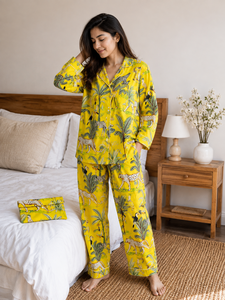 Womens Summer 3 Piece Yellow Safari Eco-Friendly Luxury Pajama Set Cotton Animal Print Sleepwear Shirt <b>Trousers</b> Matching - Product Image 1