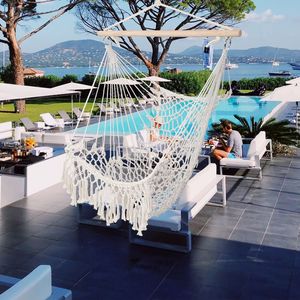 Sedia Amaca in Corda di Cotone con Nappe Beige per Interni/Esterni, Ideale per Casa, Patio, Terrazza, Giardino, Lettura e Relax - Product Image 2