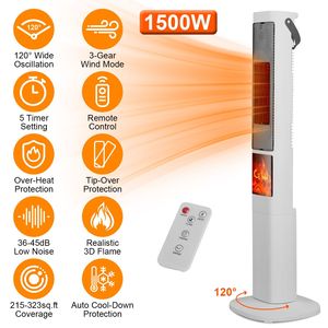 Stufa Elettrica Portatile a Torre in Ceramica da 1500W, 3 Modalità di Ventilazione, 5 Opzioni Timer, Telecomando, Fiamma 3D - Product Image 1
