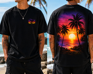 Camiseta Personalizada con Estampado Gráfico de Palmeras al Atardecer Tropical, Camiseta de Verano de Algodón Oversize con Estampado Trasero, Venta al Por Mayor - Product Image 2