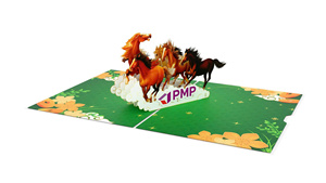 Tarjeta de felicitación 3D emergente con caballos galopando sobre un fondo floral verde, decoración de papel artesanal - Product Image 2
