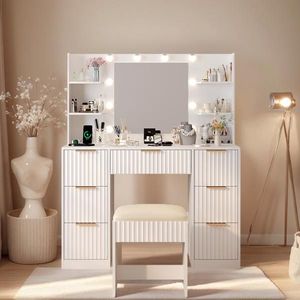 White Particleboard Dressing Table Set with Melamine Finish 7 Drawers 4 Shelves 10 Three-Tone Light Bulbs Makeup Vanities - Product Image 1