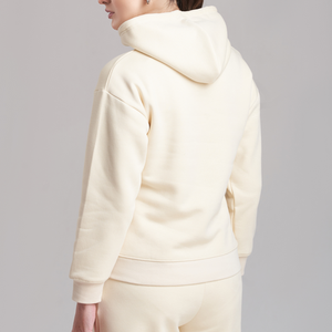 Fabricants de vêtements OEM sur mesure de haute qualité en tissu French Terry pour femmes : Ensemble survêtement avec sweat à capuche court zippé à imprimé en relief et pantalon évasé, États-Unis - Product Image 3